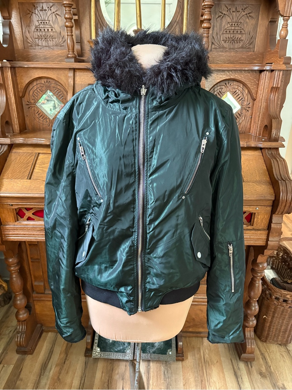 Reversible Madden NYC green and black faux fur coat